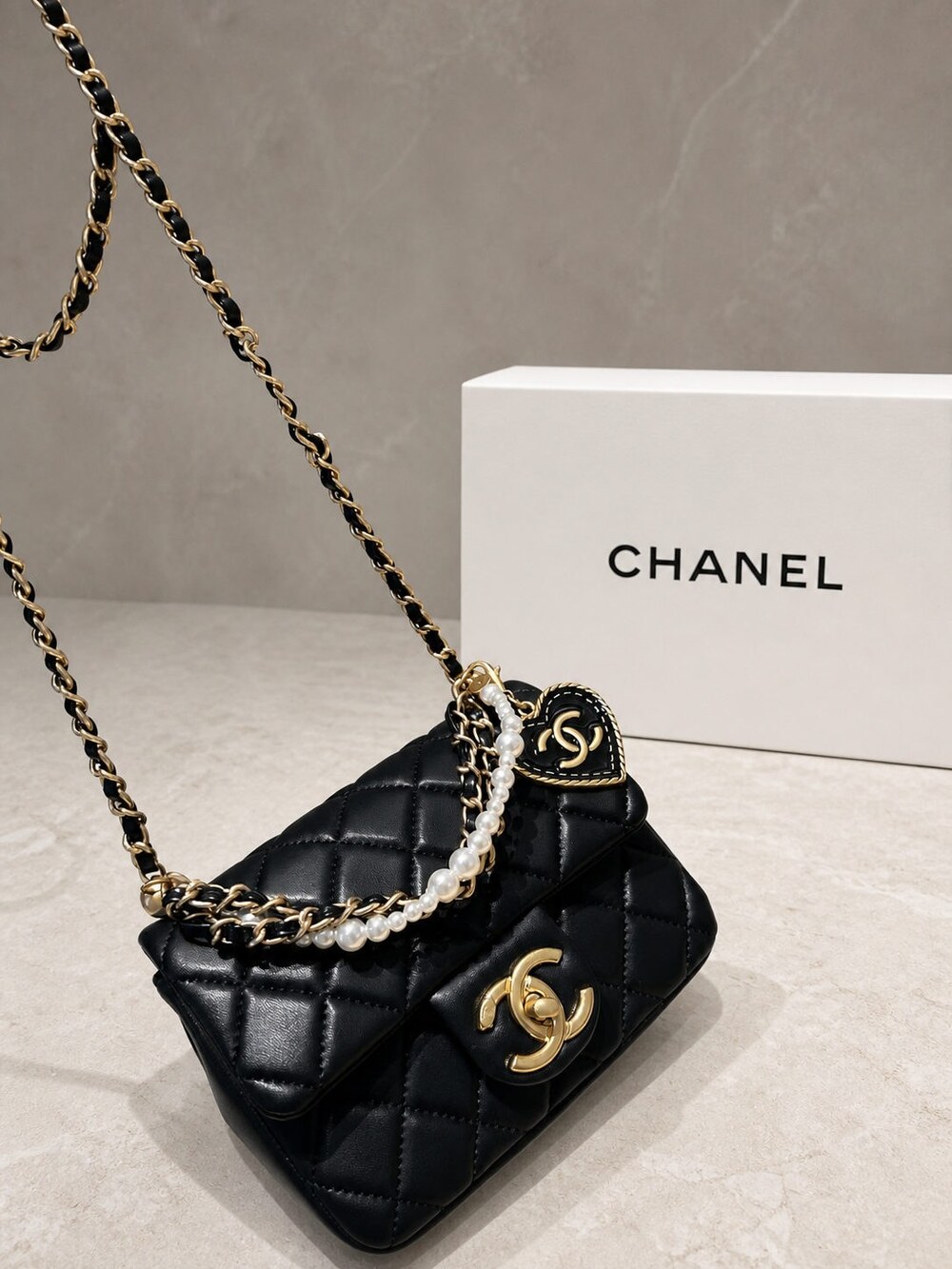 Chanel Mini Square Black Lambskin Pearl Chain Flap Bag - Picture 3 of 7
